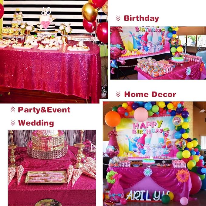Eternal Beauty Hot Pink Tablecloth, 50x80 Inch Sequin Rectangle Table Cover for Valentines Cake Dessert Exhibition Party Birthday Events