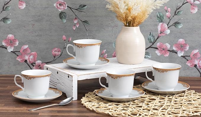 Gorgeous Porcelain Tea Set - 8 Piece White with Gold Floral Edge Design - 5.5 Inch Saucers, 6.5 oz Cups - For Parties, Cappuccino, Black Tea, Vintage Kitchen Decor (Floral Gold 3008, 8 Piece)