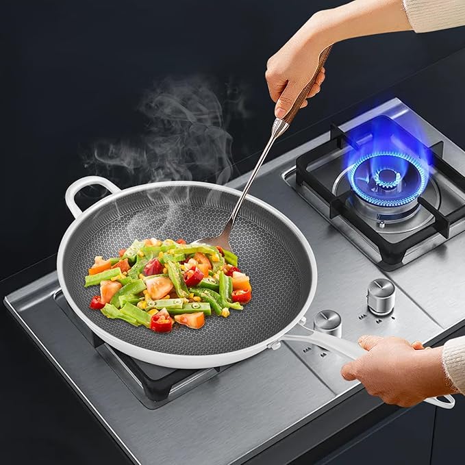 Stainless Steel Honeycomb Wok, Non-stick Cooking Frying Pan with Lid, Stir-fry Pan for Gas Stoves, Concave Induction, Ceramic, Electric Stoves (14.2 * 3.7in)