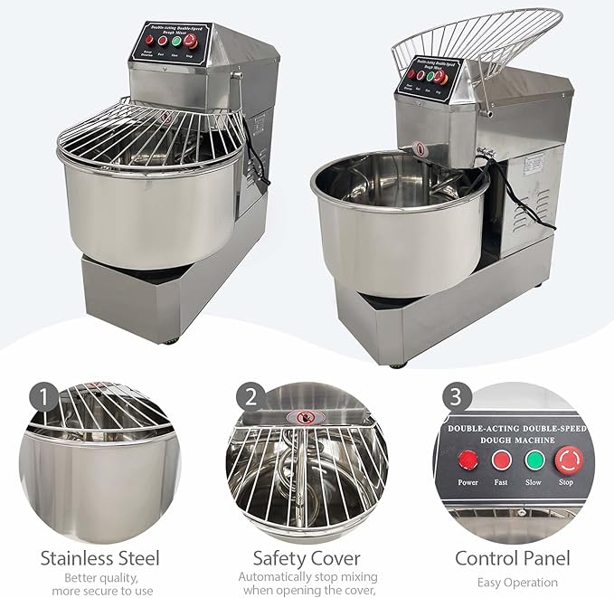 40QT Commercial Dough Mixer, 110V 1800W Electric Food Dough Kneading Flour Blender Machine, Stainless Steel Stand Mixing, W/Dual Action and Dual Speed, for Bakeries Pizzerias Bread Maker