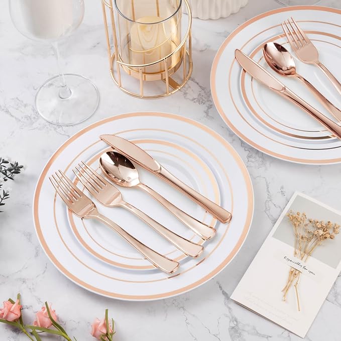 BESTVIP 600PCS Rose Gold Plastic Plate Set (100 Guests), Plastic Plates for Party Wedding Birthday, Disposable Dinnerware Set of 200 Plates, 200 Forks, 100 Spoons, 100 Knives for Christmas