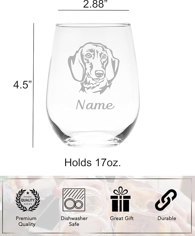 C M Dachshund Dog 17 oz. Custom Stemless Wine Glass with Name - Personalized Dog Gift for Women and Men
