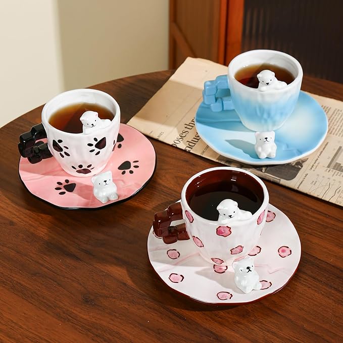 Cute Ceramic Coffee Mug, Handmade Polar Bear Tea Cups and Saucers for Women Tea Party, Latte Milk Cappuccino 8OZ (Pink Paw Prints)