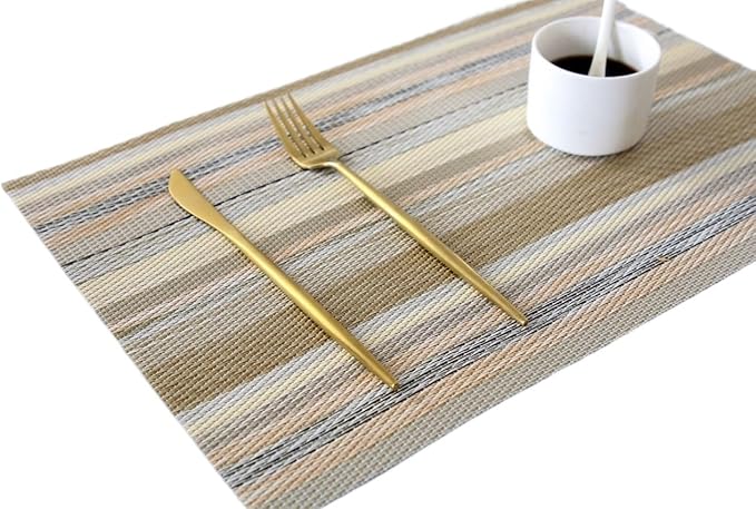 Set of 1/4/6 Woven PVC Place Mats for Kitchen Table Heat Insulation Stain Placemats for Dining Table(Stripe Yellow,4pcs 45x30cm)