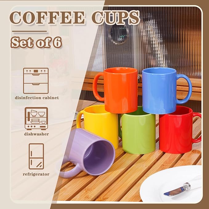 Multi-Coloured Ceramic Mugs Set of 6-11.2 oz / 330ml-Coffee Mugs-Cappuccino-Tea Cups- Hot Chocolate Cups (Warm color, Large)