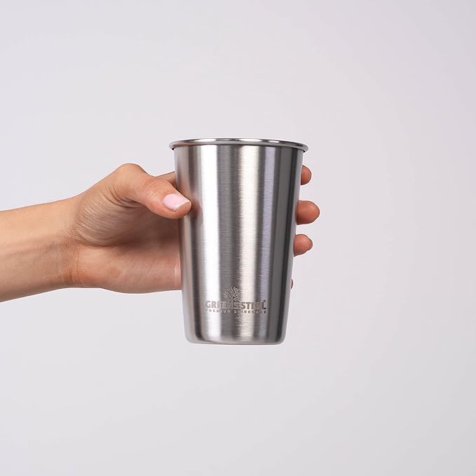 #1 Premium Stainless Steel Cups 16 oz Pint Cup Tumbler (4 Pack) By Greens Steel - Premium Metal Cups - Stackable Durable Cup