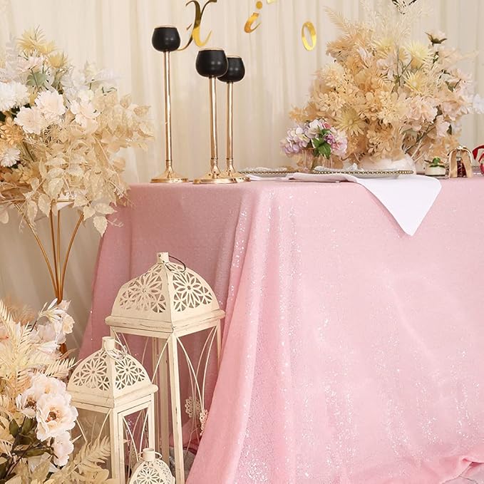 Eternal Beauty Pink Tablecloth, 60x102 Inch Sequin Rectangle Table Cover for Valentines Cake Dessert Exhibition Party Birthday Events