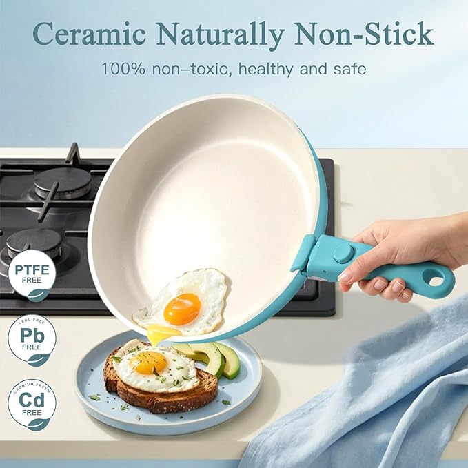 GIPP 5pcs Pots and Pans Set Non Stick, Nonstick Cookware Set Detachable Handle,Ceramic Pots for Cooking Non Stick with Removable Handle, RV Cookware Set, Light Blue Gradient