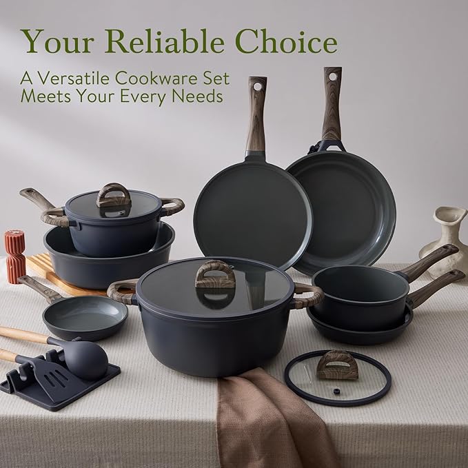 22Pcs Pots and Pans Set Non Stick Non-Toxic Ceramic Cookware Sets Nonstick Kitchen Pot and Pan Set With Lid Gray Granite Induction Compatible with Glass Lids 10" Griddles Frying Pan PFOA/PFOS-Free
