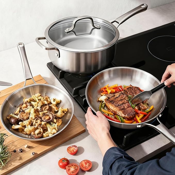VINGLI 10 Pcs Cookware Set, Stainless Steel Pots and Pans Set with Lids, Non-Toxic Saute Sauce Pot, Soup Pot, Frying Pan, PFOA & PTFE Free, Compatible for All Cooktops(10 Cookware Set)
