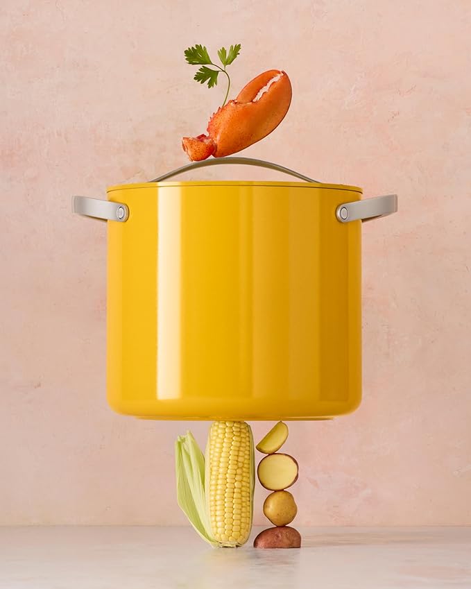 Caraway Stock Pot - 12 Qt Ceramic Coated With Lid - Free From Forever Chemicals - Large for Bigger Batches - Marigold