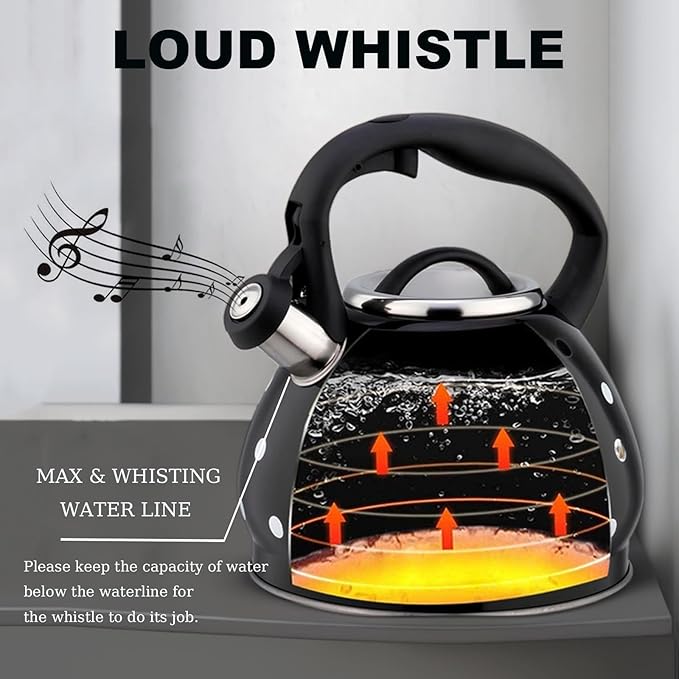 Polka Dot Tea Kettle Stovetop - 3.2 Quart Stainless Steel Whistling Kettle, Vintage Black & White Design, Gas & Electric Stove Safe, Induction