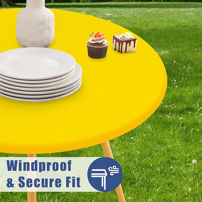 Round Spandex Tablecloth, Elastic Fitted Waterproof Tablecloths for 57"-68" Tables, Stretch Washable Picnic Table Cover for Camping, Dining, Indoor and Outdoor, Yellow