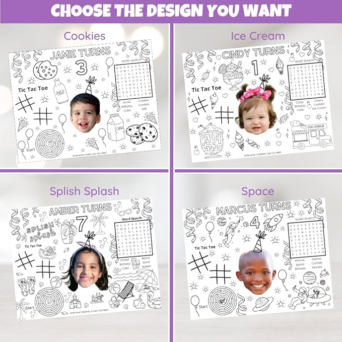 Custom Coloring Placemat Activity Sheets, Personalized Birthday Party Favors for Childrens Table Decorations, Set of 12 Coloring Pages