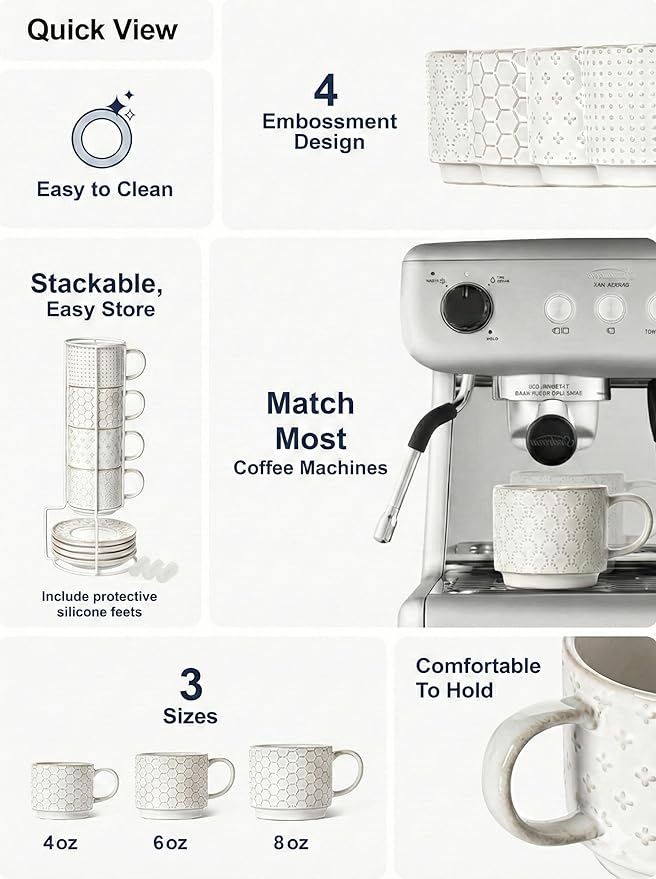 LE TAUCI Stackable Cappuccino Cups with Saucers and Stand, Set of 4, 6 oz Ceramic Coffee Cup Set for Espresso Au Lait, Flat White, Tea, Americano, Dishwasher & Microwave Safe, Embossed, White