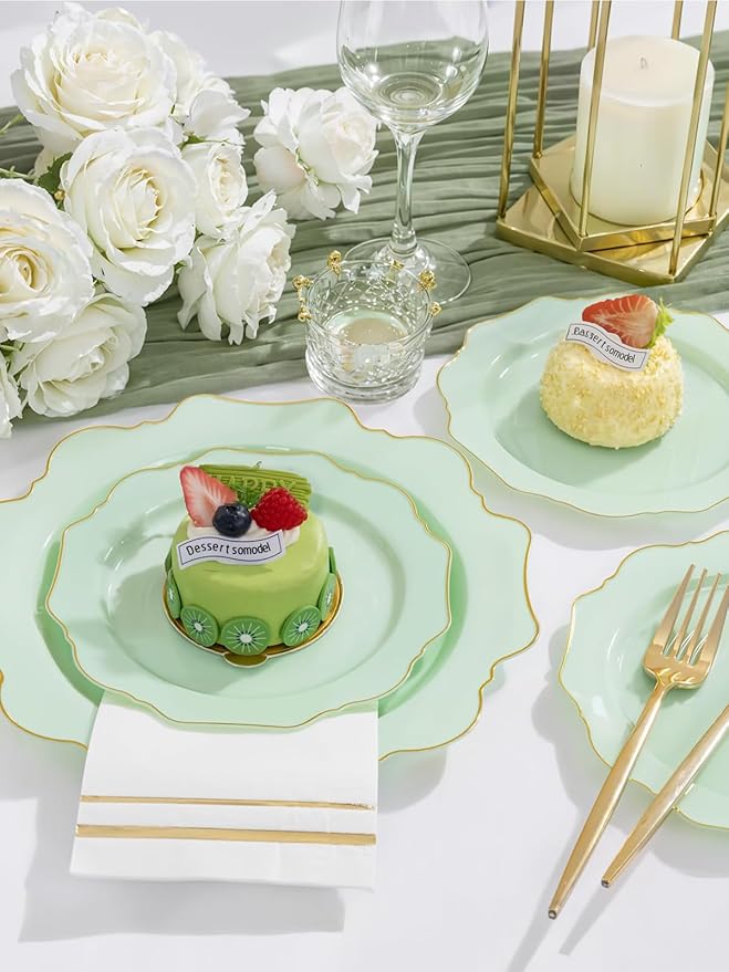 WDF 175Pcs Sage Green Plastic Plates With Gold Rim - Disposable Sage Green Plates 25guest Disposable Dinnerware Ideal for Party/Wedding/Spring Party/Easter