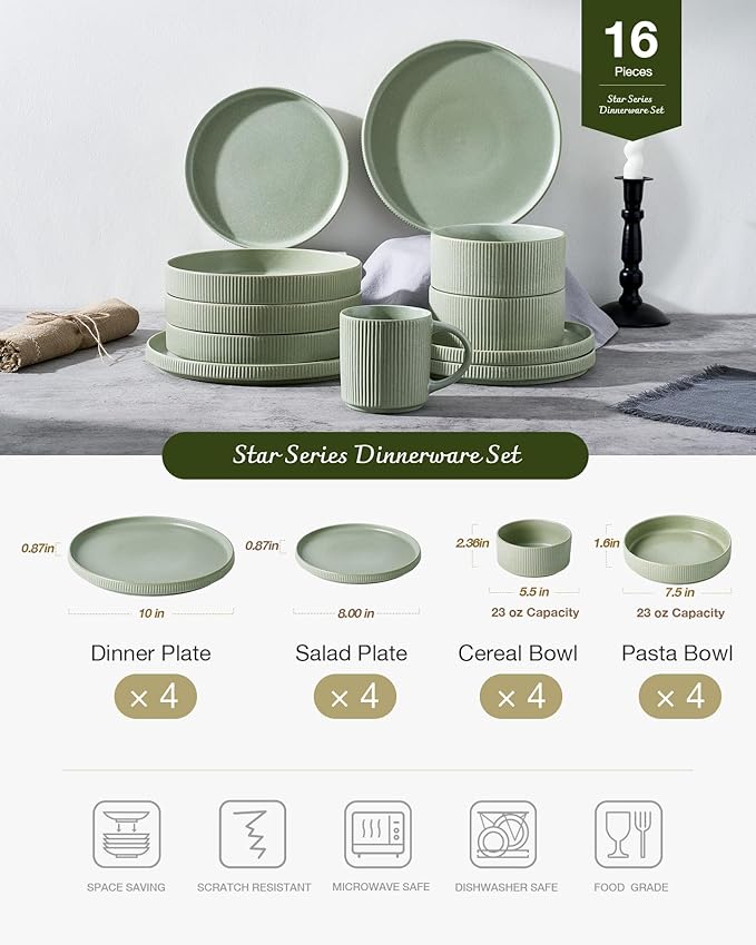 Famiware Star Stoneware Dinnerware Sets for 4 (16pcs), Chip Resistant, Microwave and Dishwasher Safe Complete Dishes, Pasta Bowl, Cereal Bowl, Dinner Plate, Salad Plate, Ribbed, Matte Sage Green