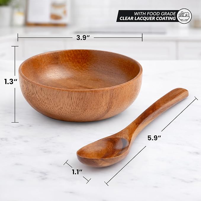 Zulay Kitchen Teak Wood Dipping Bowls with Spoons Set – 8 Piece Wooden Serving Set with 4 Mini Bowls and 4 Small Spoons, Handcrafted Natural Teak Wood, Durable & Smooth Finish