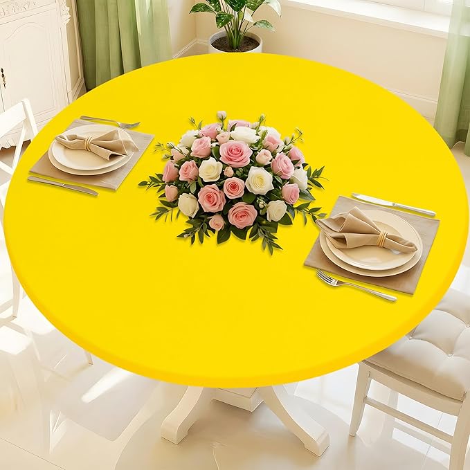 Round Spandex Tablecloth, Elastic Fitted Waterproof Tablecloths for 57"-68" Tables, Stretch Washable Picnic Table Cover for Camping, Dining, Indoor and Outdoor, Yellow