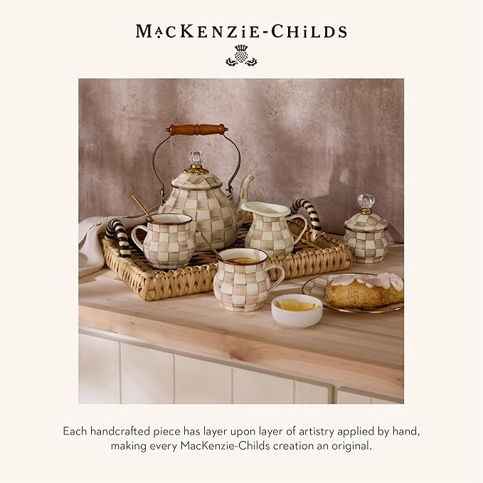 MACKENZIE-CHILDS Enamel Mug, Cute Enamelware Coffee and Tea Mug, Unique Drinkware, 16 Ounces, Brown-and-White Mocha Check, Set of 1