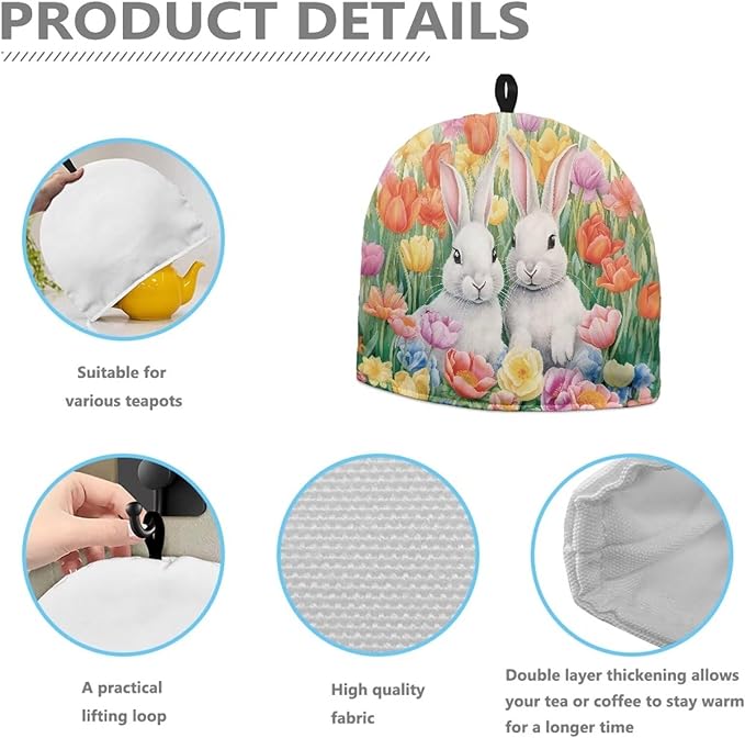 Rabbits Teapot Cover Tea Cozy for Teapot Insulated Kitchen AccessoryTulips Tea Pot Cozy for Keeping Warm Home Decor Teapot Cover