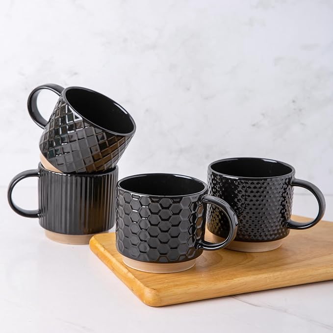 GBhome 15OZ Stackable Coffee Mugs, Ceramic Coffee Mugs with Texture Patterns for Man,Woman,Dad,Mom, Modern Coffee Cups Set of 4 for Latte/Cappuccino/Cocoa. Dishwasher&Microwave Safe，Black