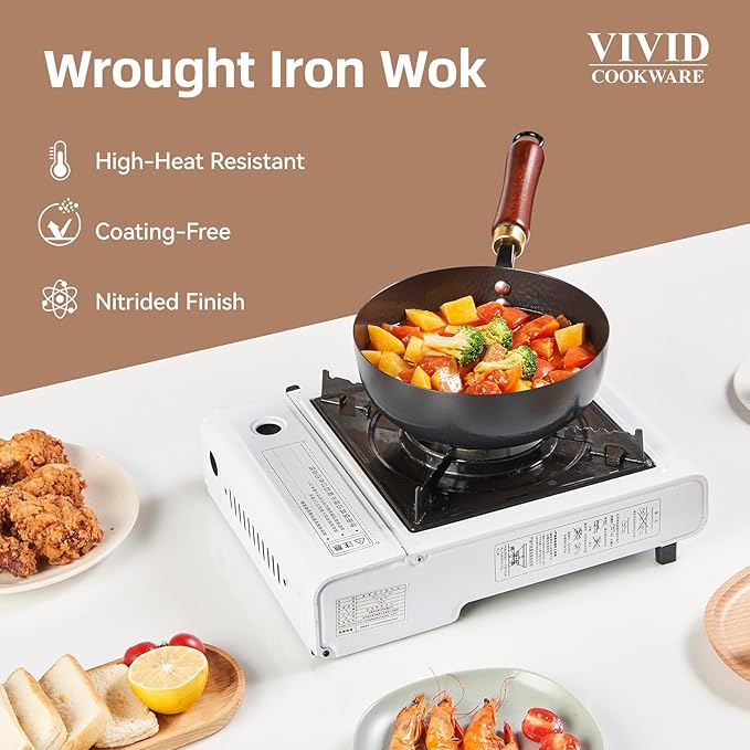 7.8 Inch Small Wok, Cold-Forged Iron Pot with Wooden Lid & Handle, 1.6 QT Sauce Pan for 1-2 Servings, Multipurpose Flat Bottom Wok for Stir-Fry, Pasta & Soup, Induction Compatible