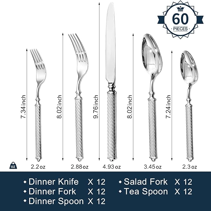 KINGSTONE Retro Rope-Pattern Silverware Set, 60-Piece Flatware Set Cutlery Set Forged with Handcrafted Texture Handles 18/10 Stainless Steel, Dishwasher Safe