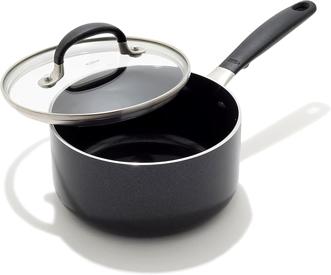 OXO 1.6QT Non-Stick Every Day Sauce Pan with Glass Lid, BPA-Free Comfort Grip Silicone Handle, Dishwasher & Oven Safe, PFAS-Free Ceramic Skillets, Sauce & Soup Chef Pot, Drip-Free, Black