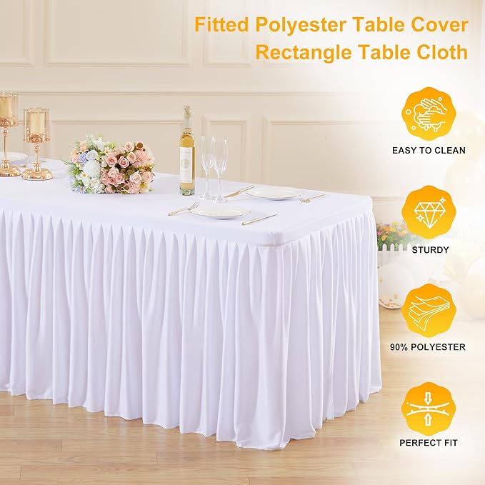 Wish Care 2 Pack White Rectangle Table Clothes for 4 Foot Tables, Polyester Fitted Tablecloths 4ft Stretch Table Cover for Wedding, Birthday, Parties, Trade Show, Craft Show