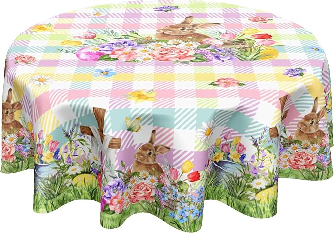Easter Rabbit Round Tablecloth 60 Inch Easter Bunny Floral Colorful Buffalo Plaid Circle Table Cloth Seasonal Holiday Rustic Table Cover for Party Kitchen Dinner Home Decor