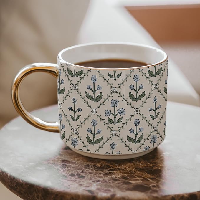Sweet Water Decor Floral Quilted Coffee Mug, Vintage Floral Design with Gold Handle & Rim, 14oz Fine Bone China Tea Cup, Cottage Core Spring Collection, Cute Gifts for Mother's Day, & Women's Birthday