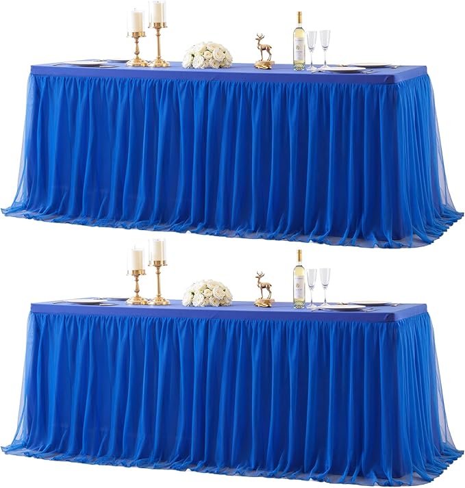 2 Pack 8ft Royal Blue Tulle Tablecloths for Rectangle Tables, 8 Foot Rectangular Table Cloth Wrinkle Free Tablecover with Tutu Skirt for Baby Shower Wedding Birthday Party Banquet Buffet Cake