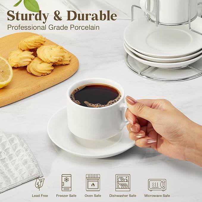 8 Ounce Porcelain Cappuccino Cups with Saucers and Stainless Steel Stand, Stackable Espresso Cups Set of 4, White Ceramic Coffee Mugs for Home, Office, Cafe or Gift