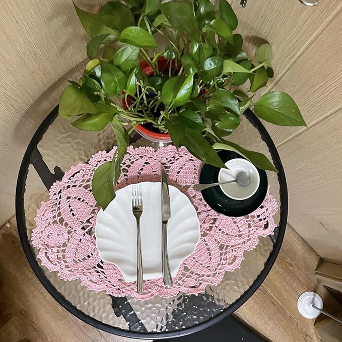 BIBITIME Lace Tablecloth Doily Handmade Crochet Placemat Women Vase Mat Kitchen Table Runner (4PCS- 12 x 22 in, Pink)