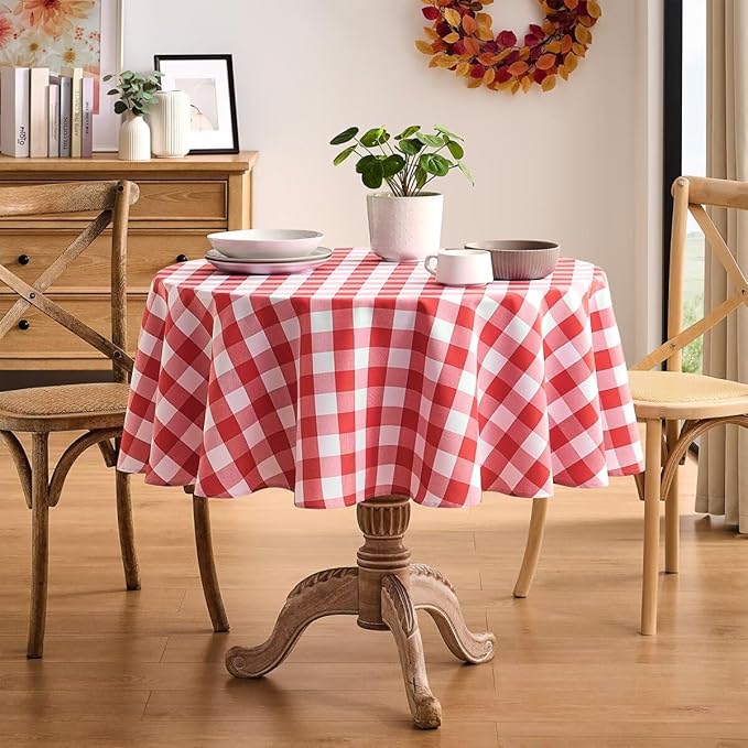 Checkered Tablecloth Rectangle Gingham Table Cloths Waterproof Wrinkle Free Buffalo Plaid Table Covers Washable for Dining, Parties & Outdoor Picnic(Red,60" Round)