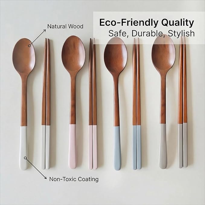Handmade Wooden Cutlery Set by Diulazin - 4PCS Reusable Spoon and Chopsticks, High-Grade for Daily Use, Parties, Banquets, Buffets, Catering - Eco-Friendly, 9 Inch, Style A