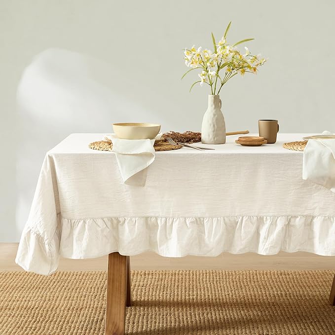 MONDAY MOOSE Ruffle Farmhouse Rustic Rectangle Natural Stonewashed Cotton Tablecloth for Kitchen, Dining Room, Restaurant (60x102 inch, White)