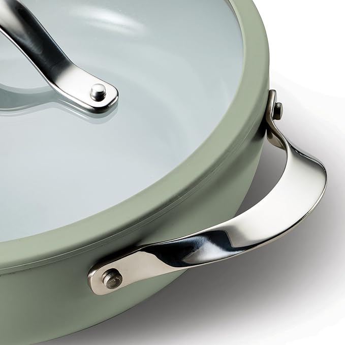 Tramontina Vue All-in-One Plus Pan Set, 5-Quart Ceramic Non Stick Cooking Pan with Glass Lid, Steamer Insert, Beechwood Utensils, Splatter Screen, Pot Holder, Green
