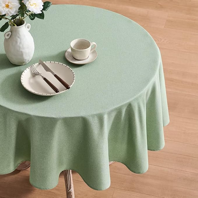 Faux Linen Tablecloths for Rectangle Tables, Burlap Textured Table Cloths Washable Farmhouse Table Cover Water Resistant for Dining, Wedding, Outdoor(Sage Green, 60" Round)
