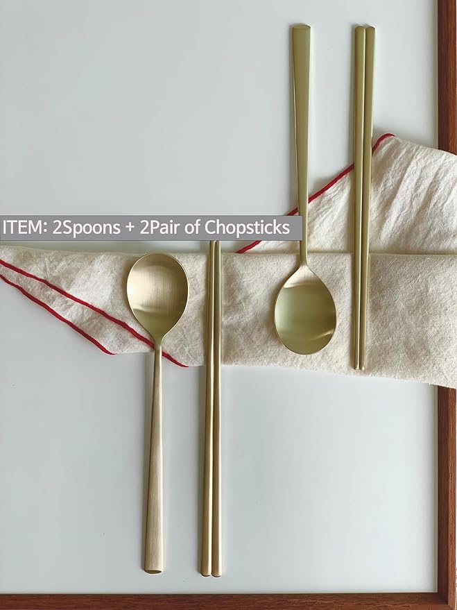 Korean Made Traditional Utensil Chopstick Set Flatware Champagne Gold Stainless Steel Spoon & Chopsticks Comfortable Grip Gift for Mom (2) Stocking Stuffer