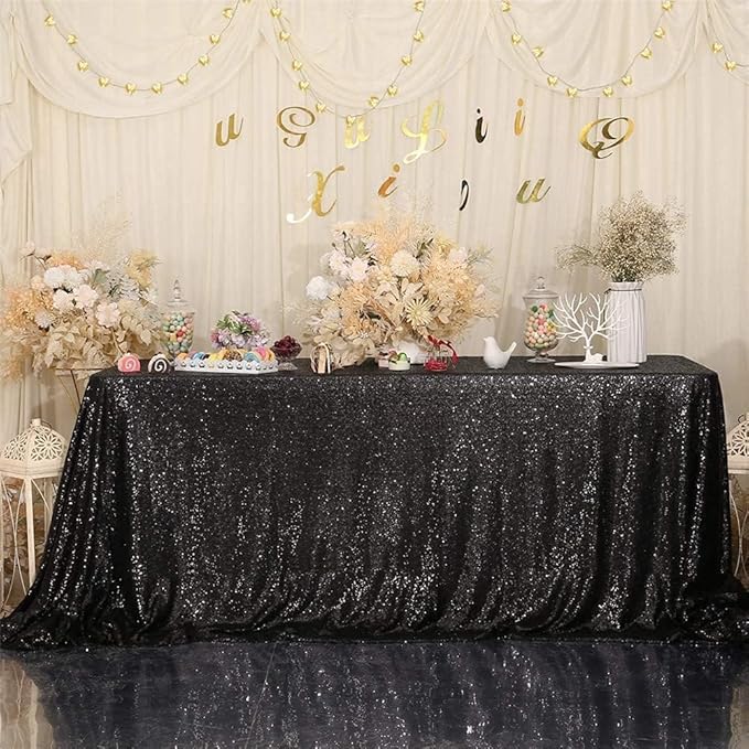 Eternal Beauty Black Tablecloth, 90x132 Inch Sequin Rectangle Table Cover for Cake Dessert Exhibition Party Birthday Events