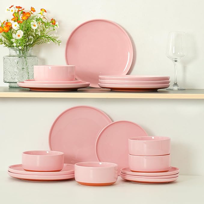 Stoneware Cereal and Soup Bowls Set of 4, 6-Inch Dual Glaze Ceramic Bowls for Breakfast & Oatmeal, Microwave and Dishwasher Safe, Pink