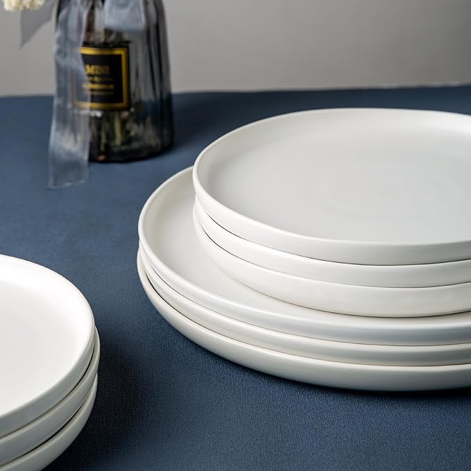 AmorArc Ceramic Dinnerware Sets, Wavy Rim Stoneware Plates and Bowls Sets,Dishwasher & Microwave & Oven Safe Dishes set, Service for 8 (24pc)-Matte White