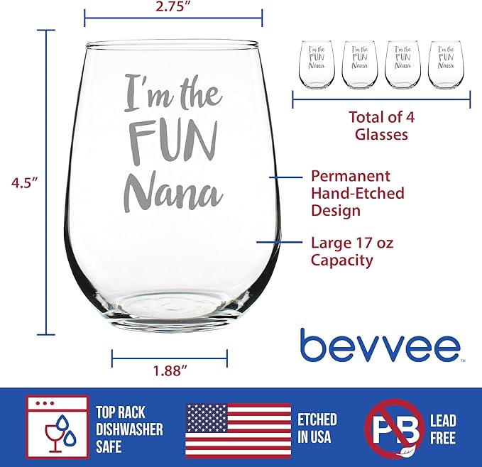 Bevvee Fun Nana - Set of 4 - Funny Stemless Wine Glass, Large Glasses, Etched Sayings, Gift Box