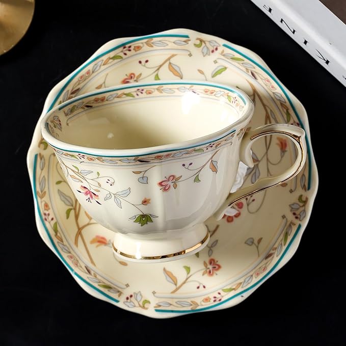 Golden Handle Ceramic Tea Cups and Saucers,Vintage flower Pattern Espresso Coffee Mug Set,Bone China Tea Cups about 8.45 oz/250 ml, Style02