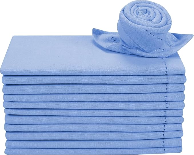 Homidate Cotton Cloth Dinner Napkins Set of 12 – 18x18 Water Blue Hemstitched – Soft Durable Machine Washable Fabric Napkins for Weddings, Christmas, New Year & Everyday Dining