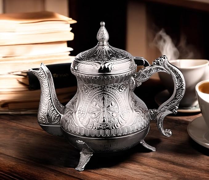 Alisveristime Decorative Zamac Pitcher – Vintage Ottoman-Style Teapot, Ornate Metal Design (7.9 x 7.9 x 5.1 in, 1.85 lbs, 28.7 fl oz) (Silver)