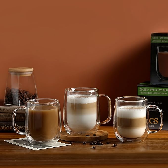 CNGLASS Glass Coffee Mugs 12oz,Double Wall Insulated Mug Set with Handle,Clear Glass Espresso Mugs for Latte,Cappuccino,Tea Bag,Hot and Cold Beverages,Set of 2