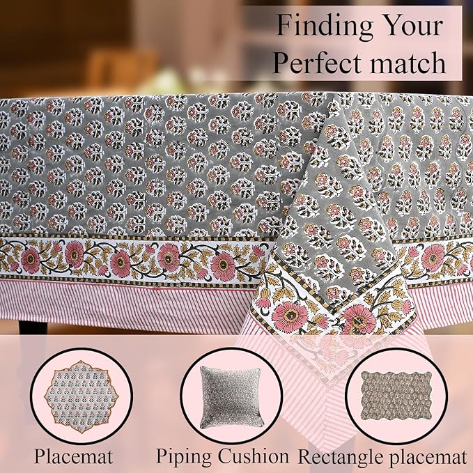 CPC Tablecloth 100% Cotton 72x190 Inch Indian Block Print Rectangle Table Cover, Gray Pink Table Cloth for Weddings, Spring/Summer, Barbeque - Labra Gray